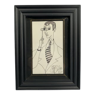 "Man With Binoculars" Contemporary Original Figurative Ink Drawing, Framed For Sale