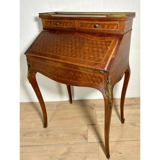 French 1930s French Louis XV Style Slant Front Secretary Desk with Leather Writing Surface For Sale - Image 3 of 16