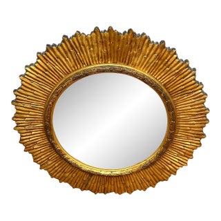 Mid-Century Italian Carved Giltwood Sunburst Mirror with Convex Glass, C. 1950s For Sale