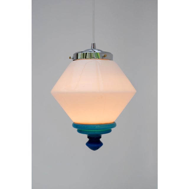 Scandinavian Art Deco Milk Glass Pendant Light with Azure Blue Details, 1930s For Sale - Image 17 of 17