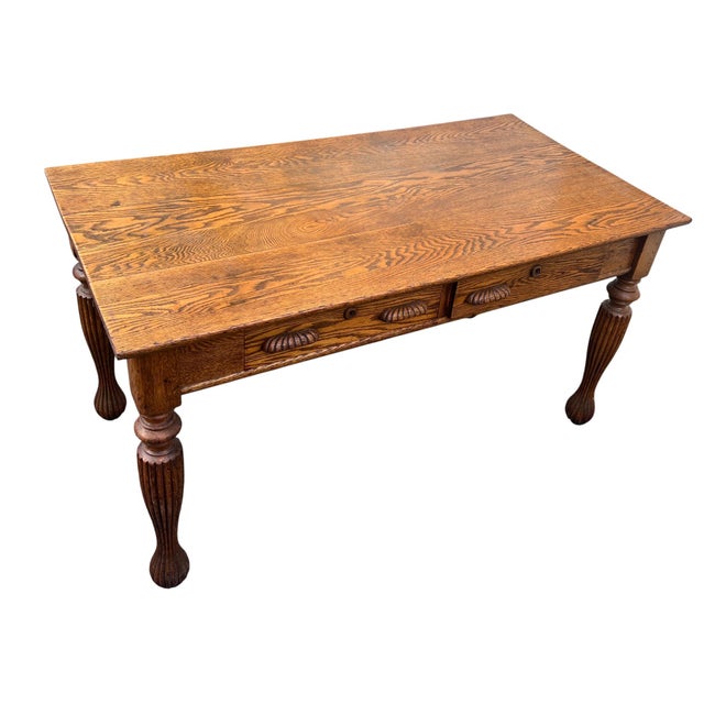 Antique 1900's Large Oak Library Table 2 Drawers For Sale - Image 11 of 17