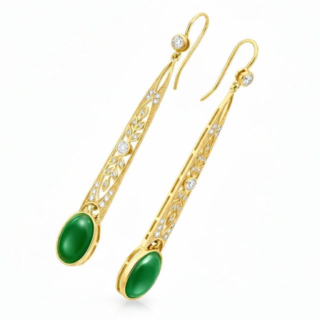 Vintage Inspired Green Onyx Dangle Earrings with colorless topazes. Art Nouveau Style Green Onyx Drop Earrings Silver,...