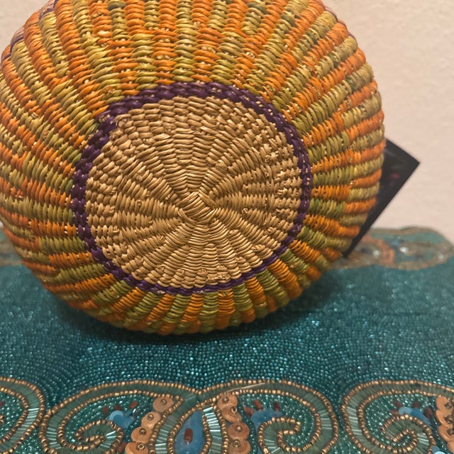 Contemporary African Artisanal Handwoven Wicker & Leather Storage Market Basket For Sale - Image 9 of 10