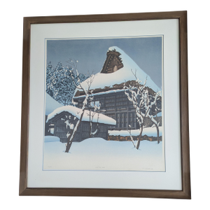 Signed LTD Ed Ted Colyer Large Woodblock Print "Winter Hida" — 1978