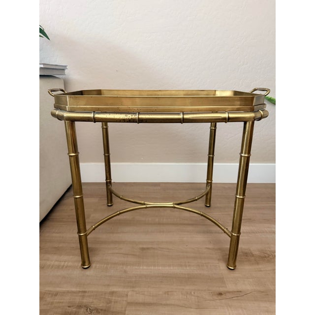 Brass Vintage Brass Faux Bamboo Side Table With Glass Tray Top | Hollywood Regency End Table For Sale - Image 8 of 11
