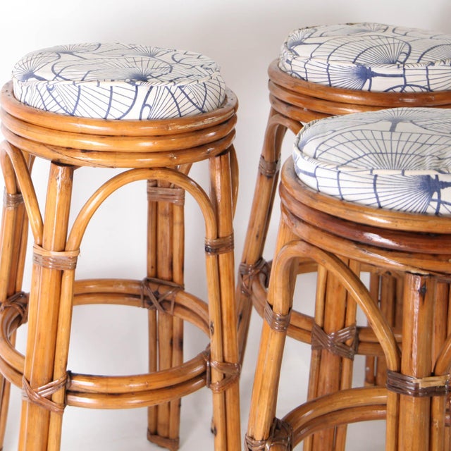 Rattan Stools with Seat Cushions, 1970s, Set of 6 For Sale - Image 4 of 11