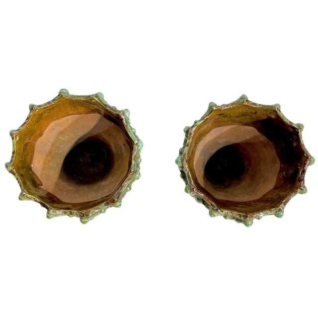 Pair Antique French Majolica Glazed Terracotta Jardinieres With Rope and Tassel Design For Sale - Image 6 of 17