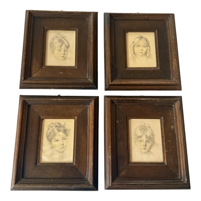 Mid-20th Century Framed Miniature Portrait Drawing Prints on Silk Attributed to Italian Artist René David - Set of Four For Sale