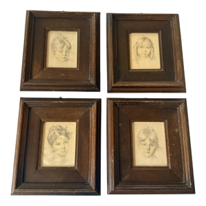 Mid-20th Century Framed Miniature Portrait Drawing Prints on Silk Attributed to Italian Artist René David - Set of Four