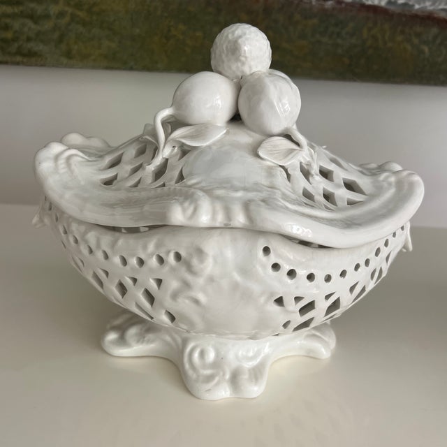 White Vintage Italian Reticuated Ceramic Creamware Lidded Tureen With Applied Fruit For Sale - Image 8 of 8