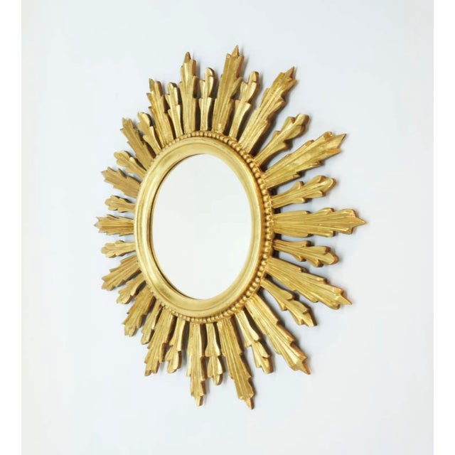 Mid-Century Modern Giltwood Sunburst Wall Mirror, Hollywood Regency Style, c.1970s. For Sale - Image 3 of 9