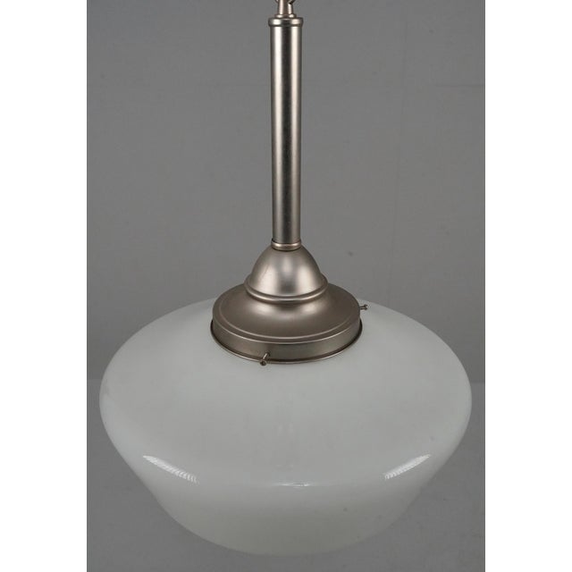 Traditional Mid 20th Century Schoolhouse White Milk Glass Steel Chain Pendant Light For Sale - Image 3 of 9