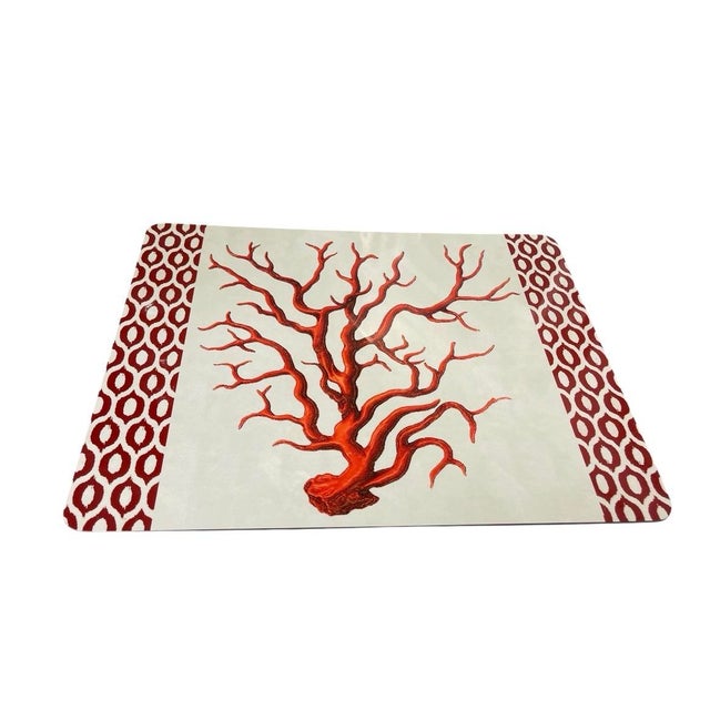 Coastal Coastal Cork-Backed Hardmat Placemat – Red Sea Coral With Ikat Border For Sale - Image 3 of 9