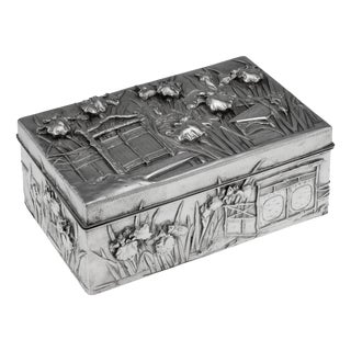 Antique Meiji Japanese Silver Iris Flower Cigar Box by Zuan, 1900 For Sale