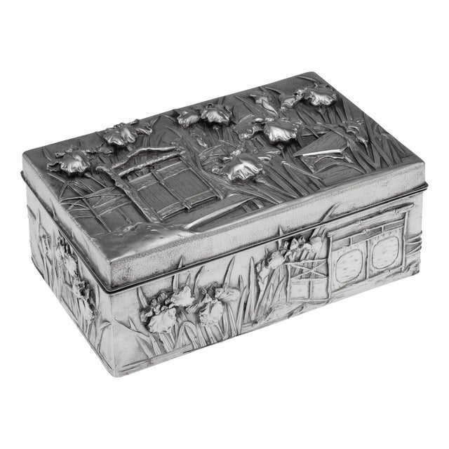 Antique Meiji Japanese Silver Iris Flower Cigar Box by Zuan, 1900 For Sale