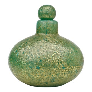 Murano Seguso Vetri d'Arte Green Pulegoso Bubble Gold Flecks Italian Art Deco Glass Perfume Scent Bottle With Label For Sale