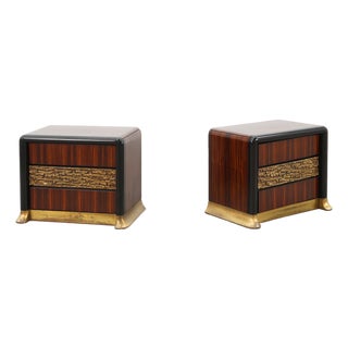 Nightstands in Wood with Brass Relief, Italy 1970s, Set of 2 For Sale