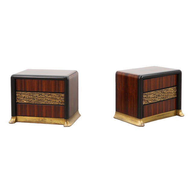 Nightstands in Wood with Brass Relief, Italy 1970s, Set of 2 For Sale
