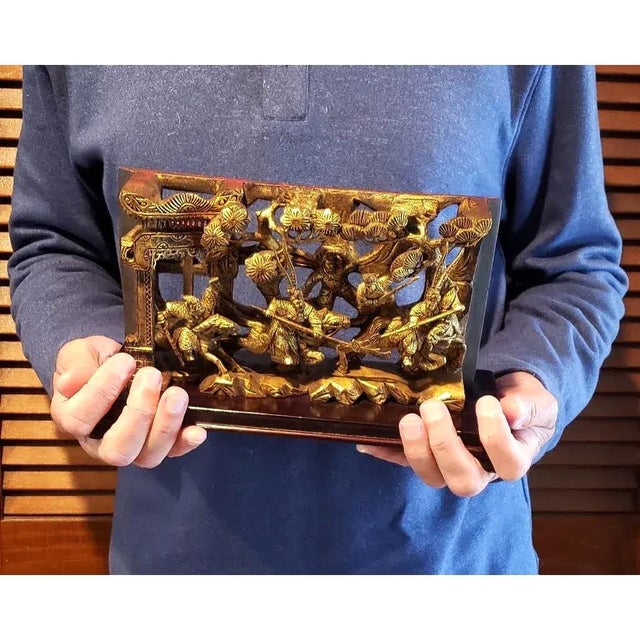 Gold Antique Chinese Qing Dynasty Giltwood Carved Warrior Battle Scene on Stand For Sale - Image 8 of 8