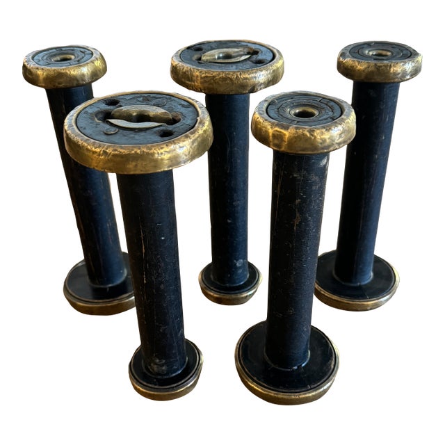 Set of Five Vintage, Brass Bound and Black Wood Bobbins For Sale