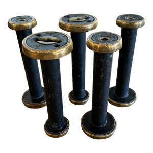 Set of Five Vintage, Brass Bound and Black Wood Bobbins