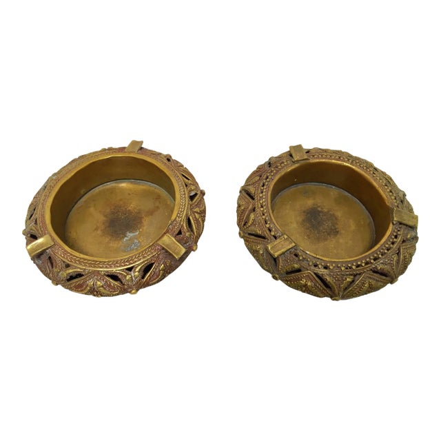 Round Handcrafted Brass Ashtrays - a Pair For Sale