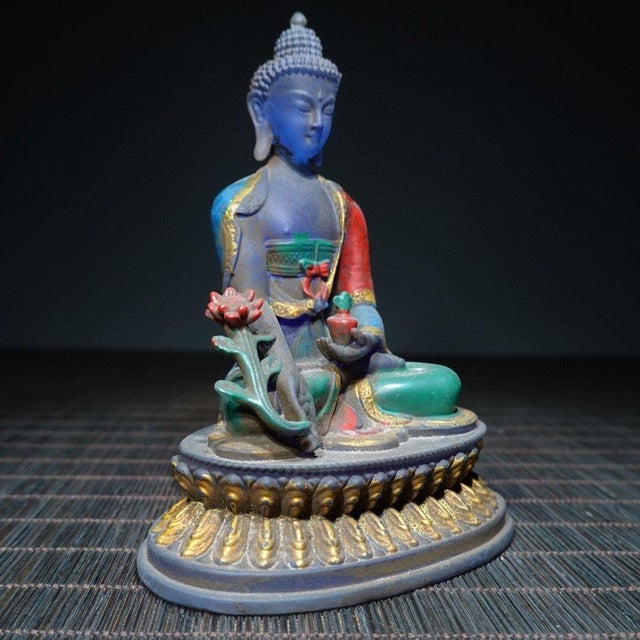Vintage Liuli Glass Medicine Buddha Statue With Polychrome Decoration For Sale In Los Angeles - Image 6 of 9