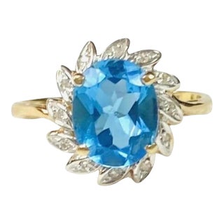 Blue Topaz 14k Yellow Gold and Diamond Ring For Sale