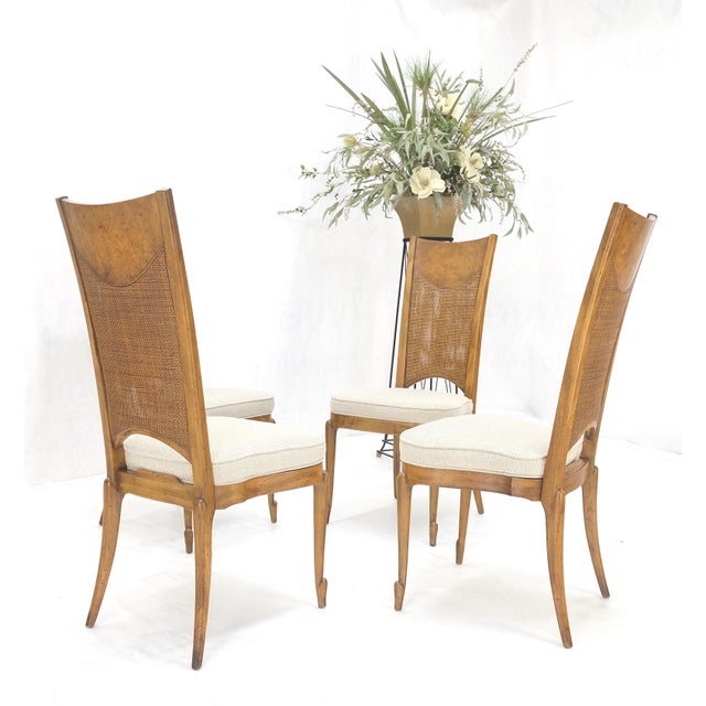 Set 4 Burl Wood Cane Back NEW Upholstery Dining Chairs Mid Century Modern MINT! For Sale - Image 15 of 15