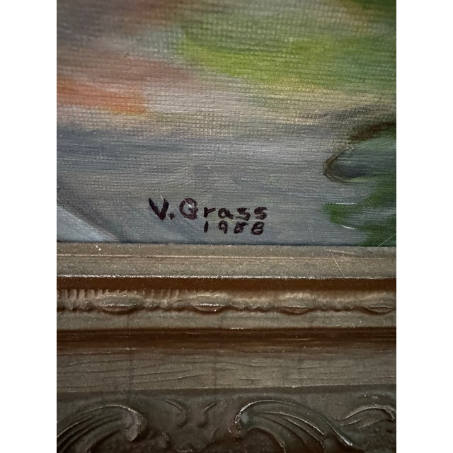 American Vintage Signed Coastal Harbor Oil Painting in Ornate Gilt Frame, 1958 For Sale - Image 3 of 6