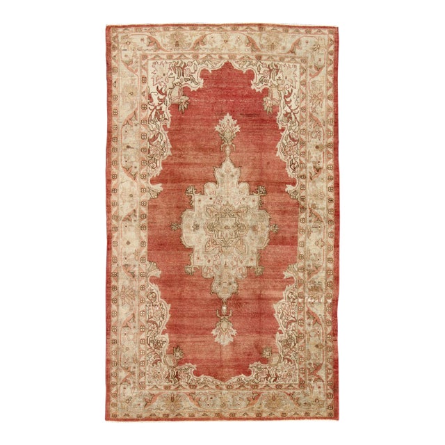 Keivan Woven Arts Antique Turkish Oushak Rug in Soft Red, Taupe and Light Green For Sale