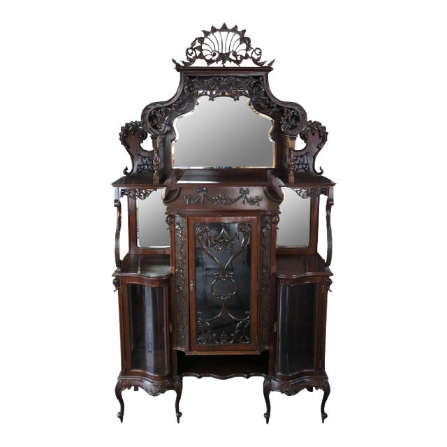 Antique English Victorian Style Mahogany Etagere Display Curio Cabinet 99" For Sale