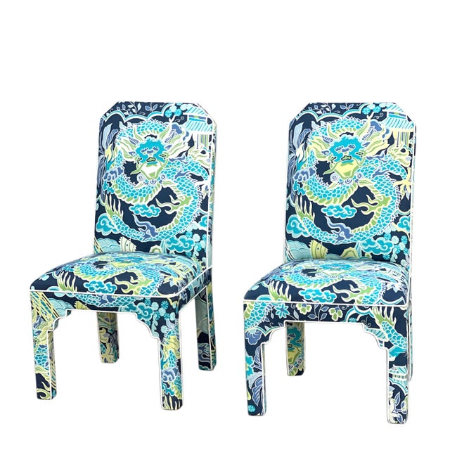 Asian Pair MCM CasaBique Ming Armchairs in Thibaut “Imperial Dragon” For Sale - Image 3 of 18