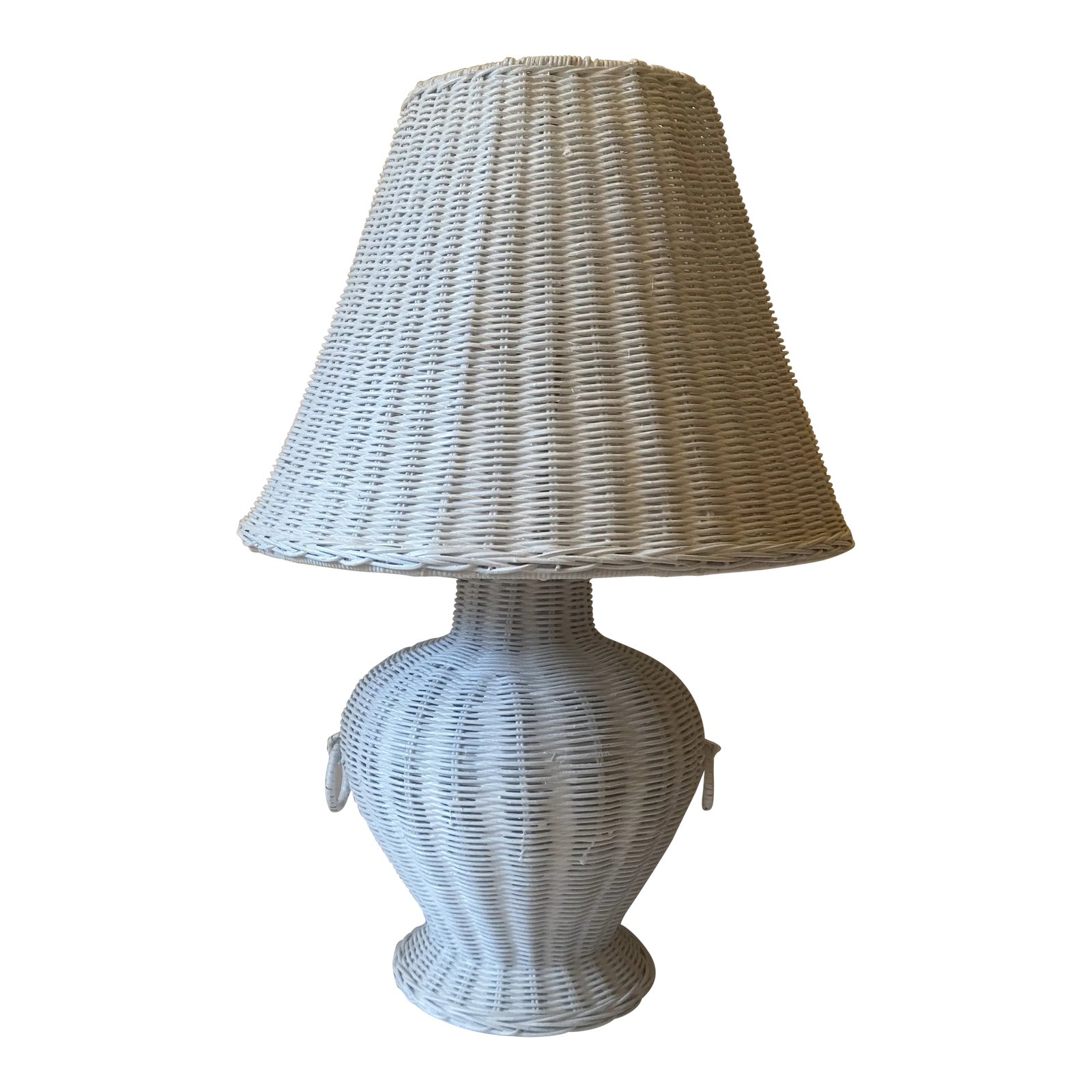 Vintage Boho Coastal White Wicker Table Lamp With Wicker Shade Chairish