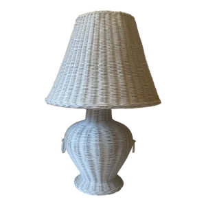 Vintage Boho Coastal White Wicker Table Lamp With Wicker Shade