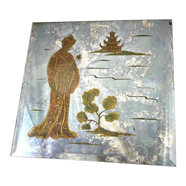 Mid Century Verre Eglomise Reverse Painted Glass Mirrored Plaque For Sale