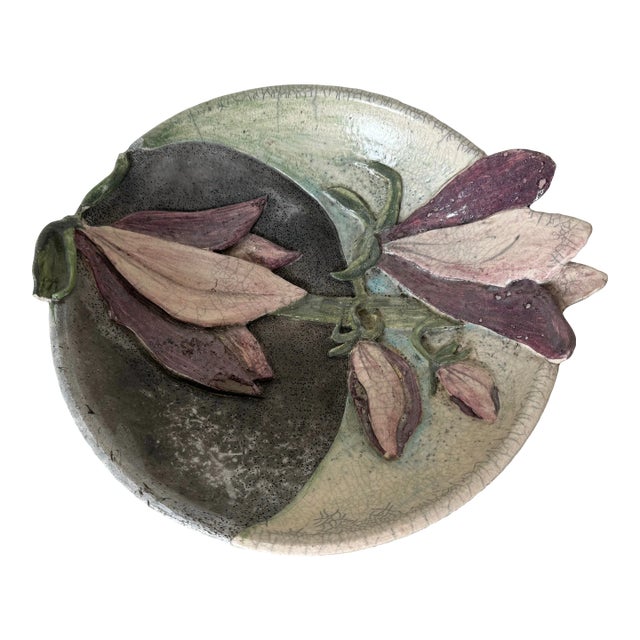 Vintage Handcrafted Art Pottery Bowl With Floral Relief Design For Sale