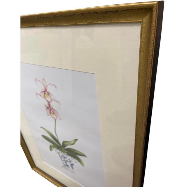 Wood Vintage Framed Botanical Pink Orchid Print in Chinoiserie Cachepot For Sale - Image 7 of 12
