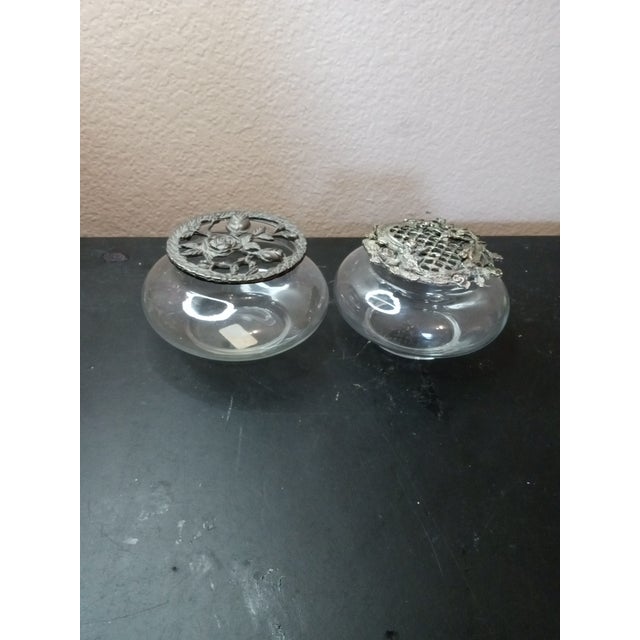 Metal Gorgeous Pair of Potpourri Squat Vases With Filigree Pewter Lids For Sale - Image 7 of 7