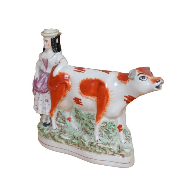 English Antique 19th Century Staffordshire Porcelain Cow Milk Maid Spill Vase Creamer For Sale - Image 3 of 12