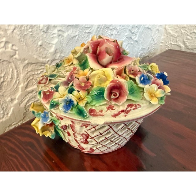 Rococo Vintage Italian Capodimonte Porcelain Flower Basket Box With Applied Roses For Sale - Image 3 of 11