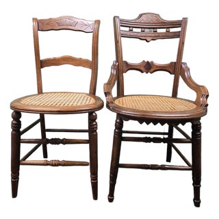 Pair of Vintage Wooden Chairs With Wicker Seats For Sale