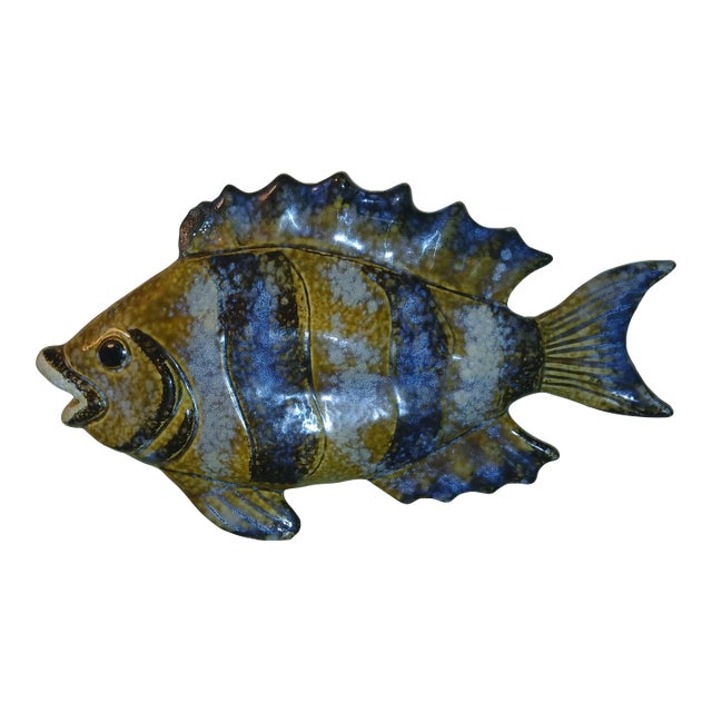 Vintage 70s Vallauris French Majolica Ceramic Fish Wall Art For Sale
