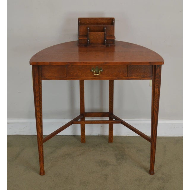 Mission Antique Mission Oak Arts and Crafts Half Round Desk For Sale - Image 3 of 13