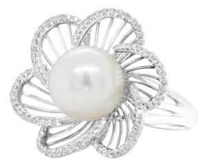 14K White Gold 11mm Round Pearl and 1/3 Cttw Round Diamond Openwork Flower Blossom Ring (H-I Color, EVS1010