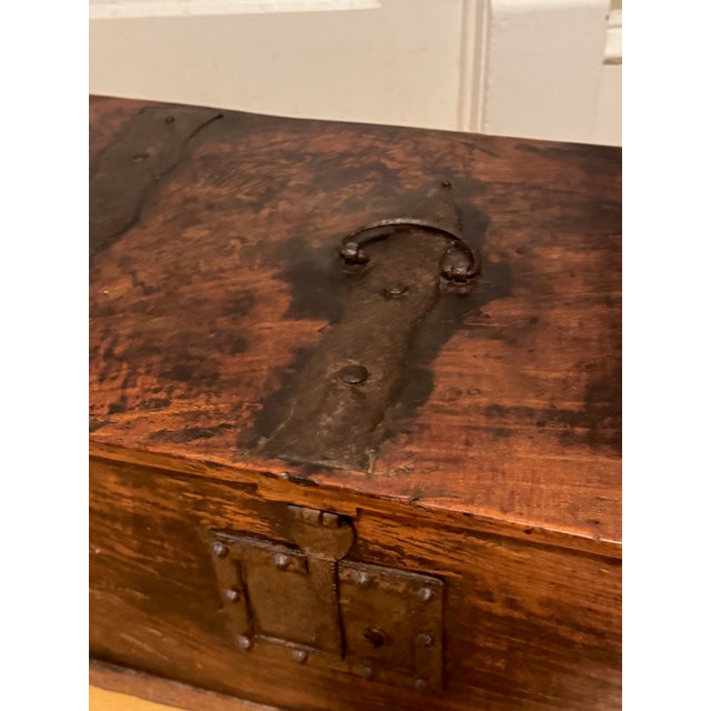 17th Century Hand Hewn Storage Box With Hand Hammered Iron Details For Sale - Image 4 of 15