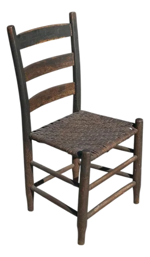 Antique Primitive Black Painted Ladderback Side Chair With Splint Woven Seat