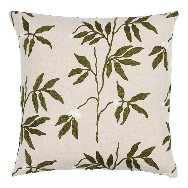 Modern Schumacher Lillia Embroidery 20" Pillow in Olive on Neutral For Sale - Image 3 of 3