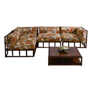 Bamboo Modular Sofa and Coffee Table with Wooden Shelves, 1970s, Set of 5 For Sale