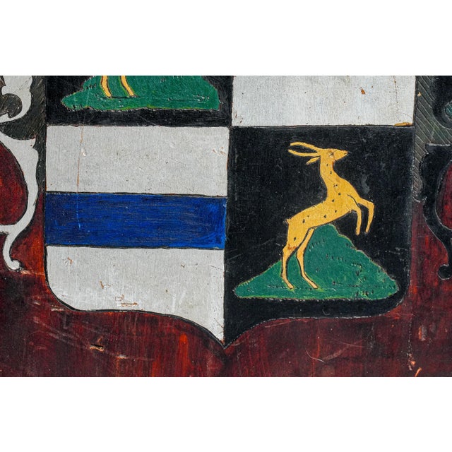 Distinguished Antique Heraldic Coat of Arms Plaque Hand-Made Painted Wood Armorial For Sale - Image 11 of 14